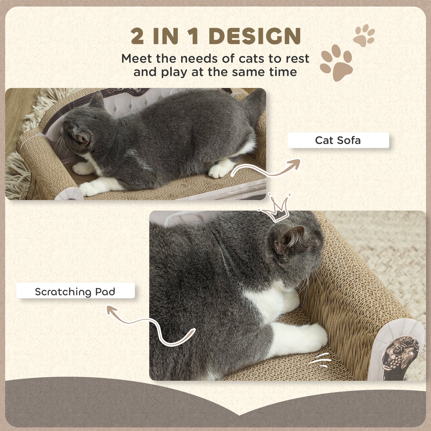 2-in-1 Cat Scratcher, Cat Scratching Board with Organic Catnip, Cardboard Lounge for Indoor Cats, 29.5 x 56 x 26cm, Brown