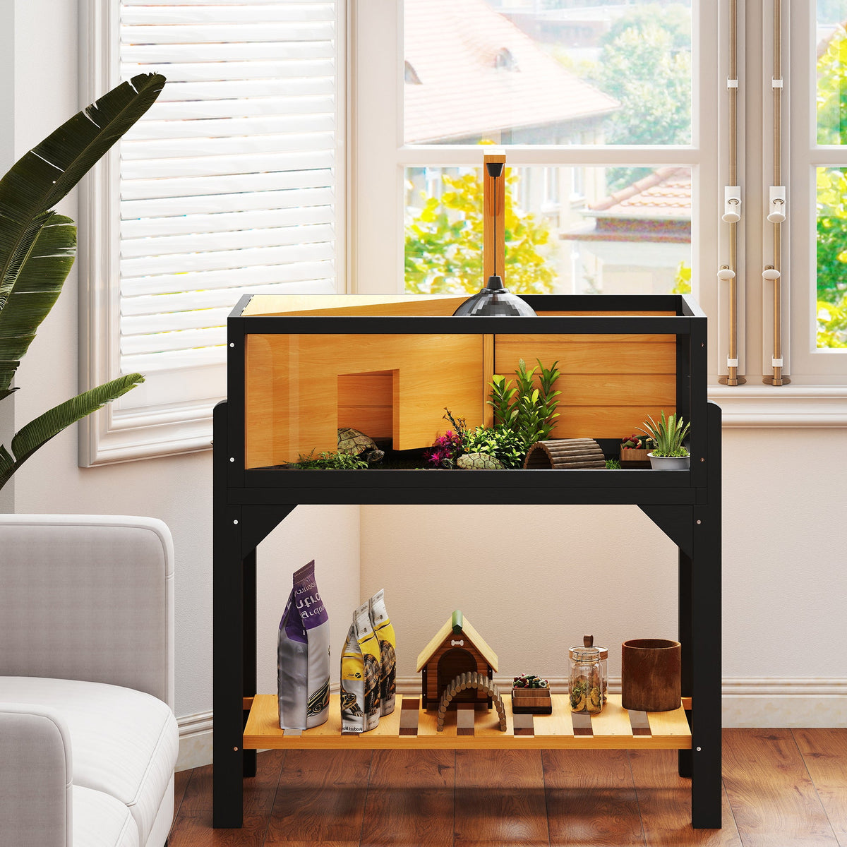 Wooden Tortoise House with Storage Shelf, Tortoise Enclosure Habitat with Clear Windows, Lamp Holder, Openable Top, Built-in Tray, for Indoor Use, Yellow
