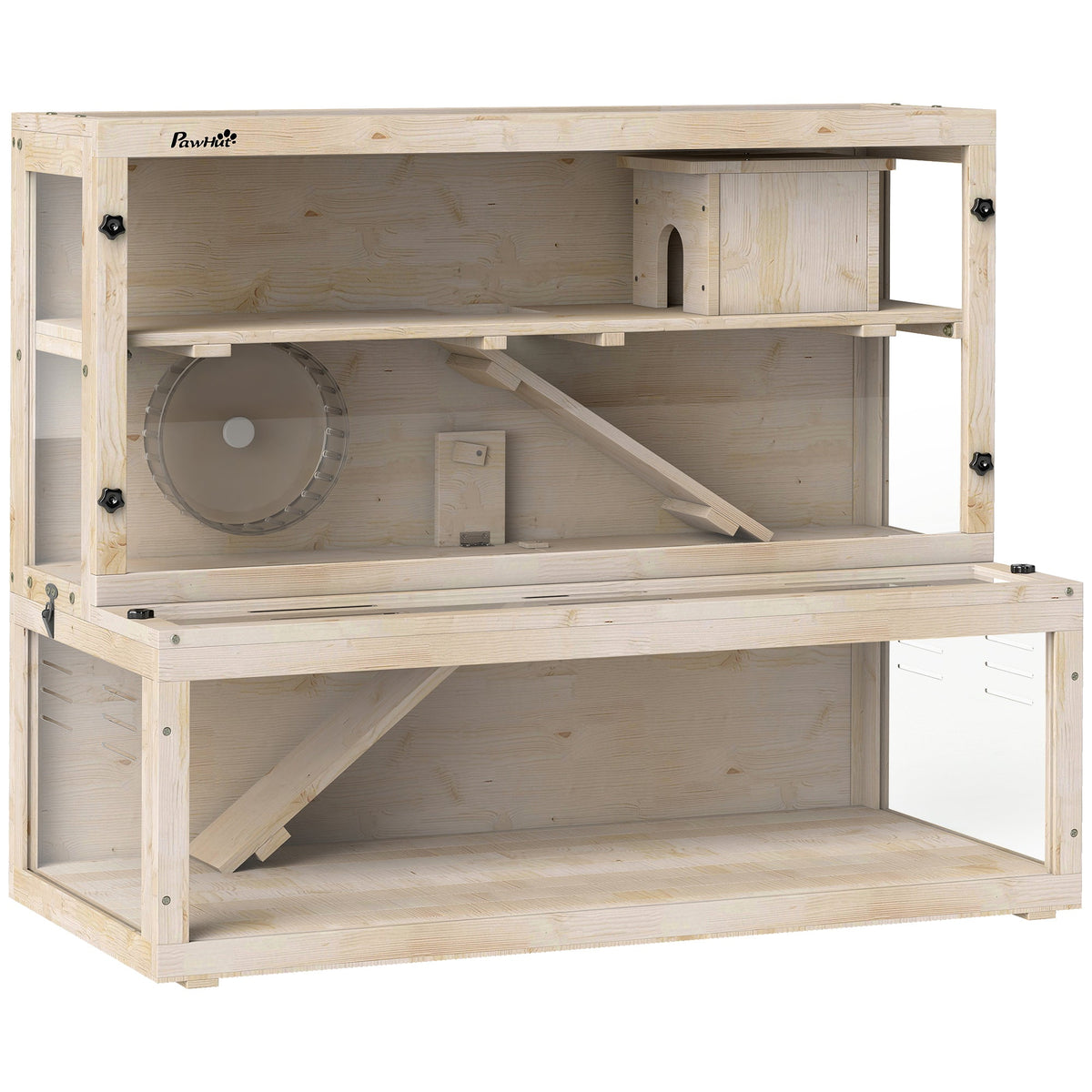 Wooden Hamster Cage, Large Gerbil Cage with Hut, Wheel, Ramps, 3 Tier Small Animal Habitat with Removable Viewing Panels, 100 x 50 x 84 cm, Natural Wood