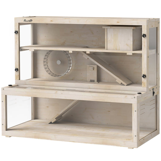Wooden Hamster Cage, Large Gerbil Cage with Hut, Wheel, Ramps, 3 Tier Small Animal Habitat with Removable Viewing Panels, 100 x 50 x 84 cm, Natural Wood