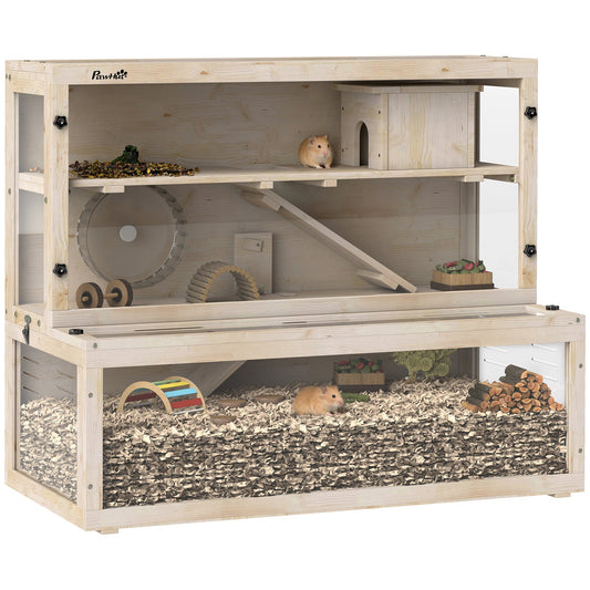 Wooden Hamster Cage, Large Gerbil Cage with Hut, Wheel, Ramps, 3 Tier Small Animal Habitat with Removable Viewing Panels, 100 x 50 x 84 cm, Natural Wood