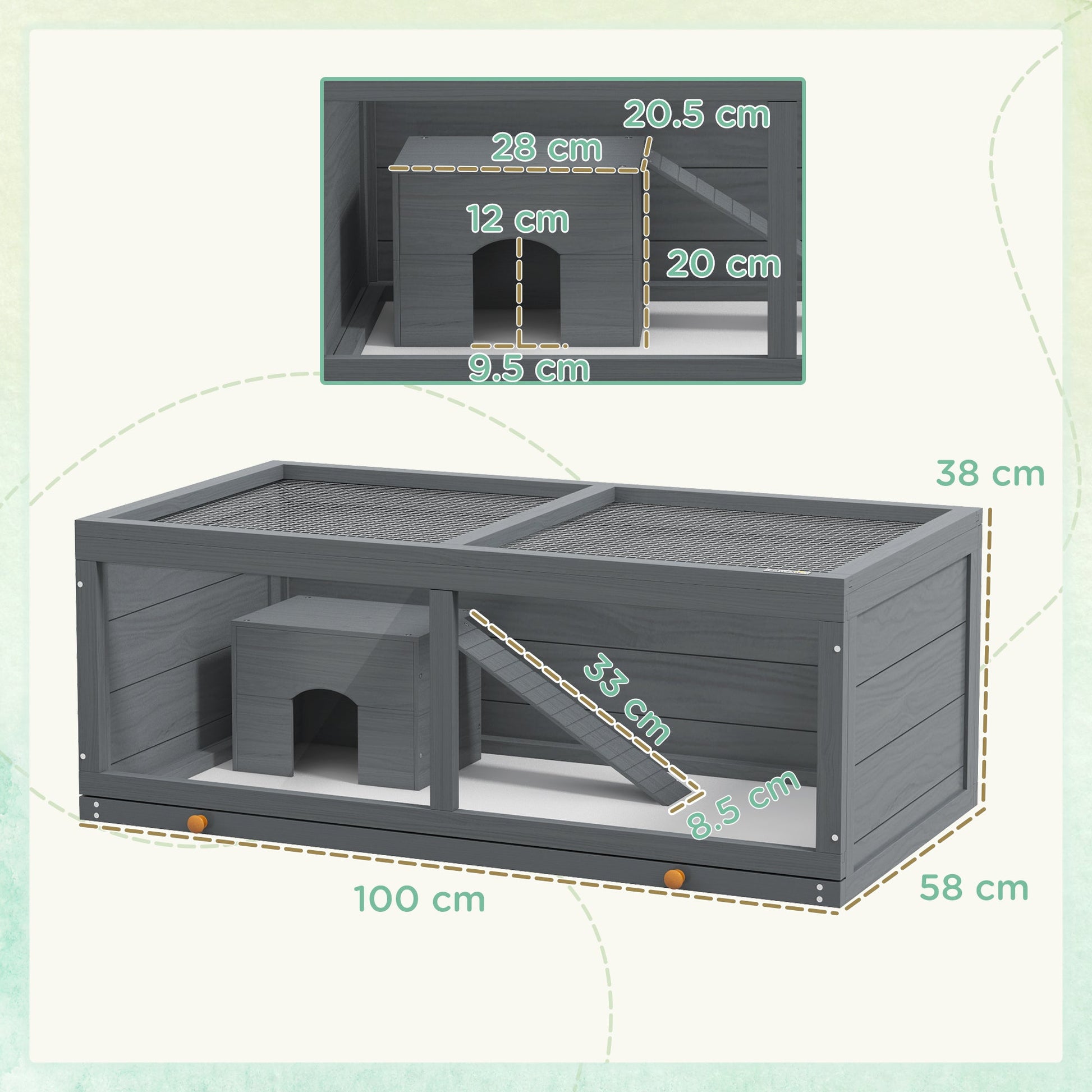 Wooden Hamster Cage, Small Animal Cage with Sliding Tray, Openable Top, Hut, Exercise Play House for Syrian Hamsters, Grey