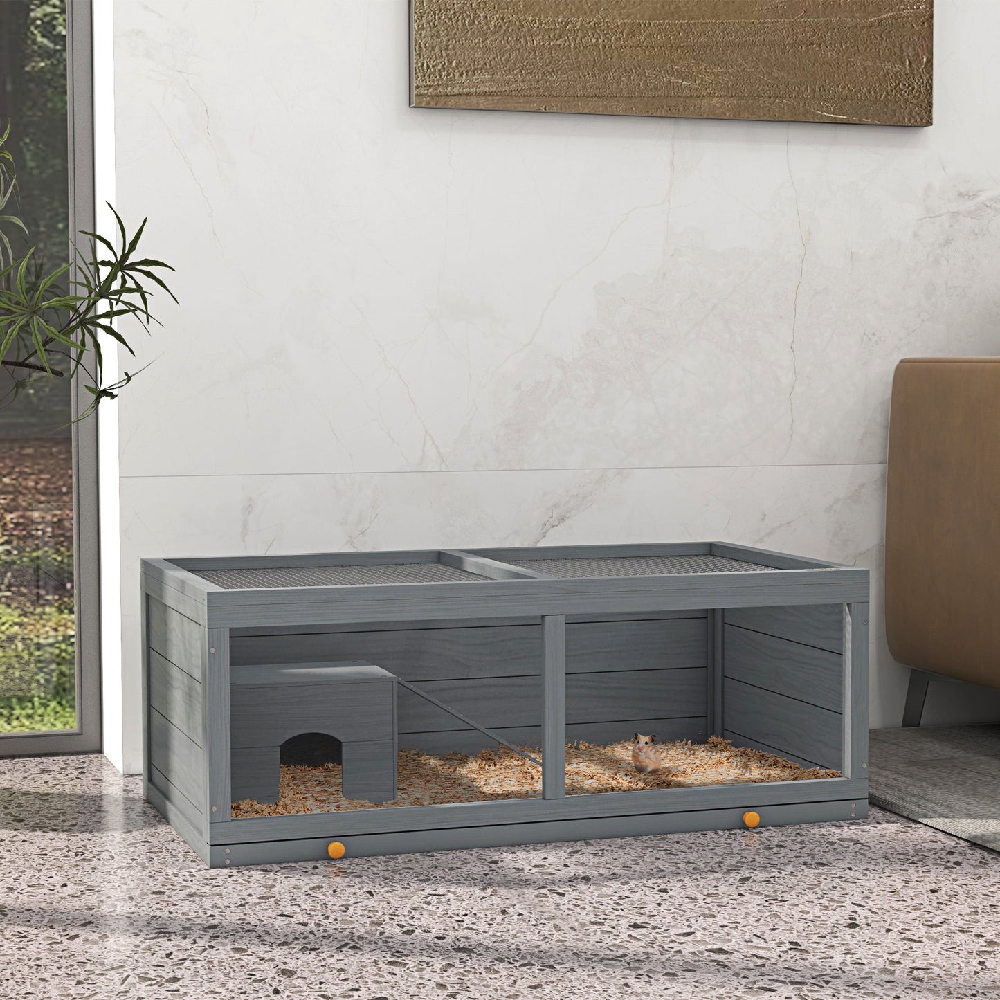 Wooden Hamster Cage, Small Animal Cage with Sliding Tray, Openable Top, Hut, Exercise Play House for Syrian Hamsters, Grey