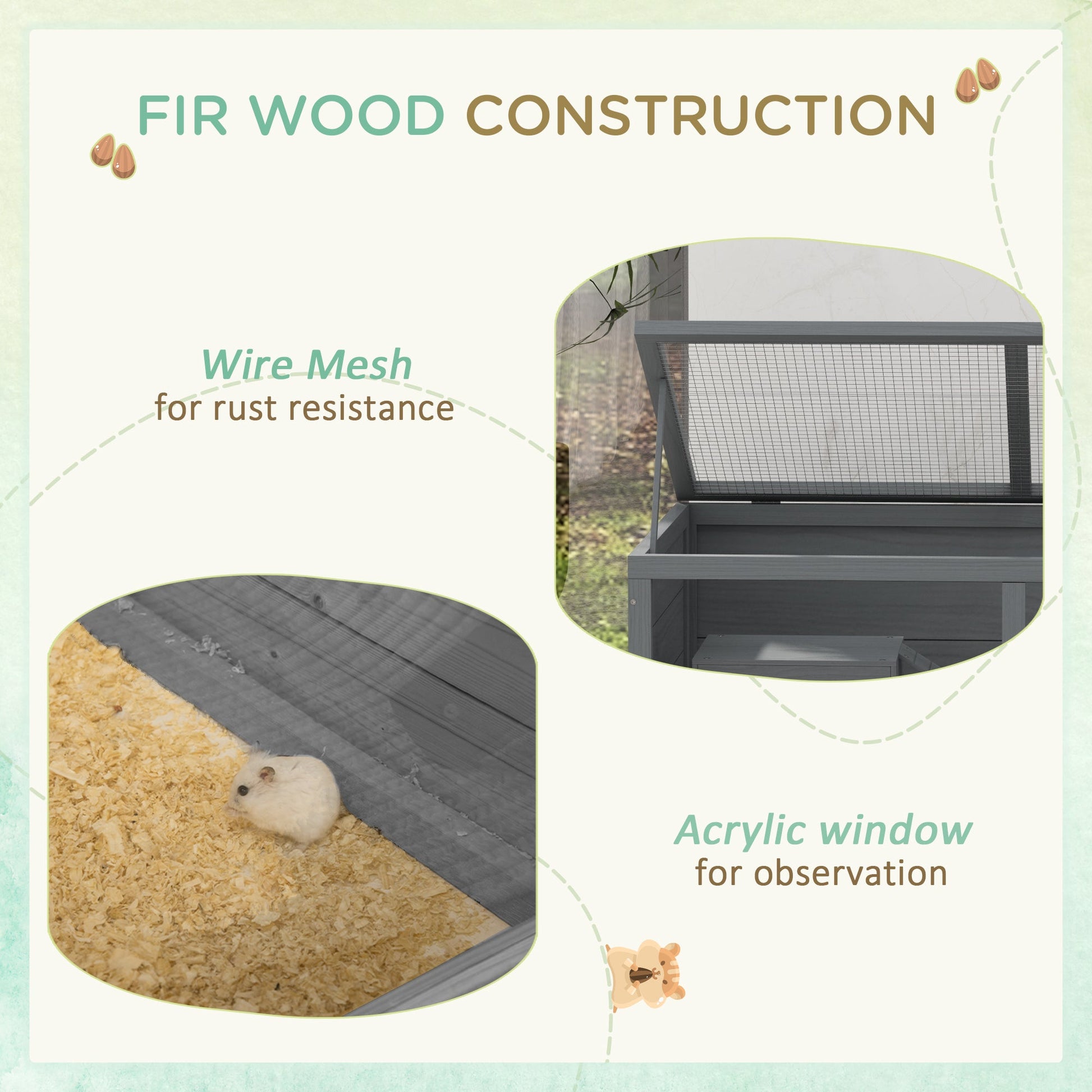 Wooden Hamster Cage, Small Animal Cage with Sliding Tray, Openable Top, Hut, Exercise Play House for Syrian Hamsters, Grey