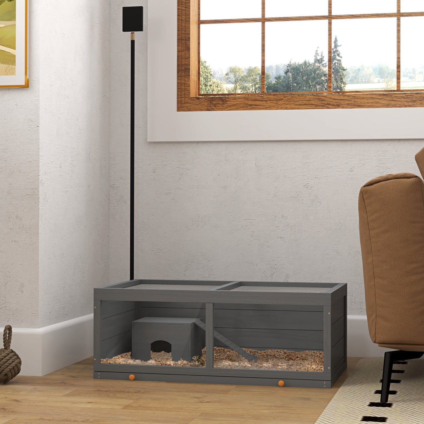 Wooden Hamster Cage, Small Animal Cage with Sliding Tray, Openable Top, Hut, Exercise Play House for Syrian Hamsters, Grey