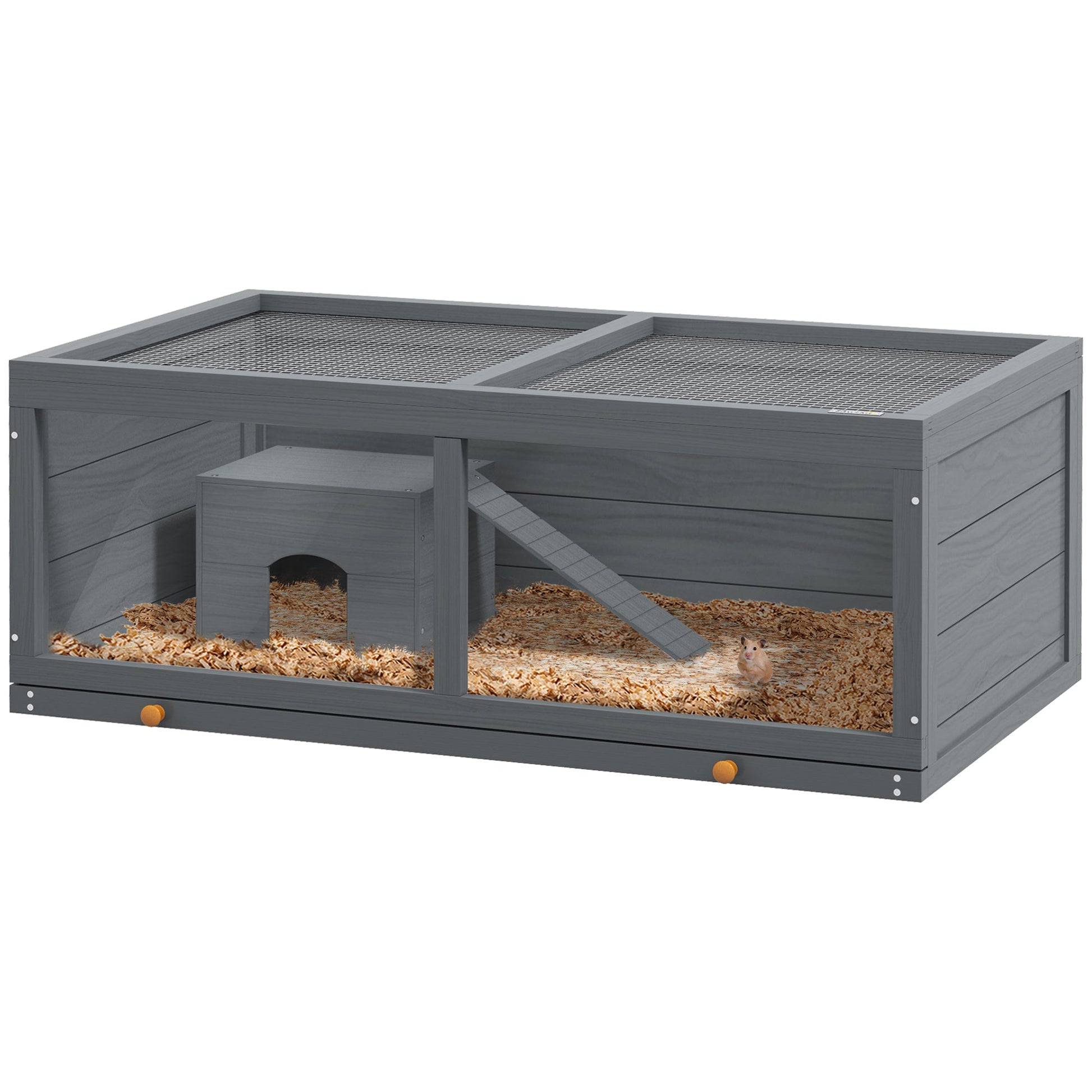 Wooden Hamster Cage, Small Animal Cage with Sliding Tray, Openable Top, Hut, Exercise Play House for Syrian Hamsters, Grey