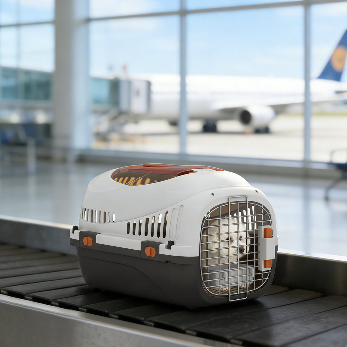 Plastic Cat Carrier, Transport Top Load Pet Carrier Travel Box for Small Dogs and Cats Max 4 KG, 49 x 32 x 31 cm, Steel Door, Feed Bowl, Secure Lock