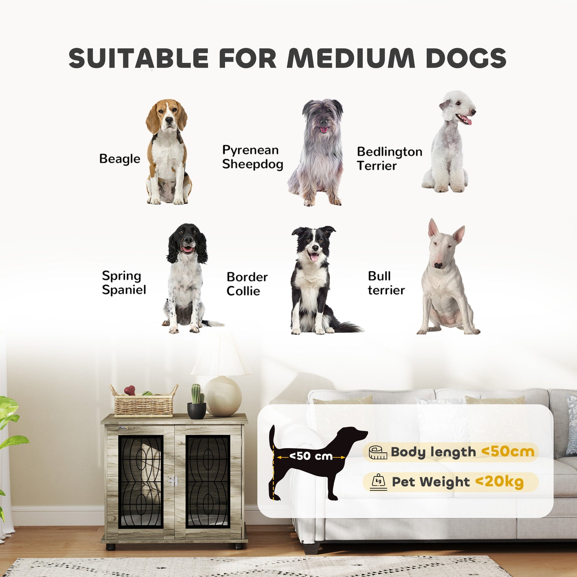 Dog Crate Furniture, Dog Cage with Soft Washable Cushion, Furniture-Style Pet Kennel Indoor House End Side Table for Small Medium Breeds, 80 x 56 x 63 cm, Grey