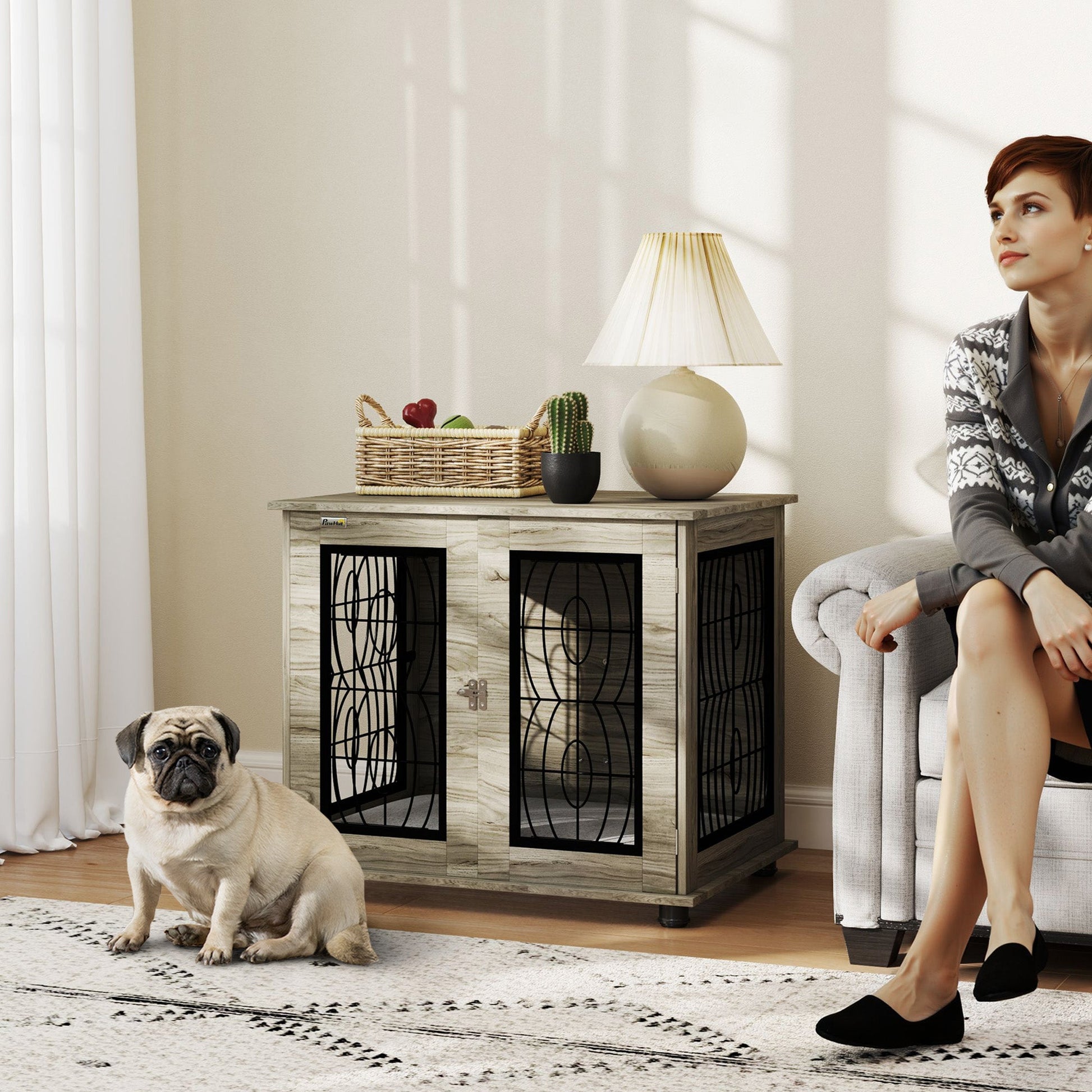 Dog Crate Furniture, Dog Cage with Soft Washable Cushion, Furniture-Style Pet Kennel Indoor House End Side Table for Small Medium Breeds, 80 x 56 x 63 cm, Grey