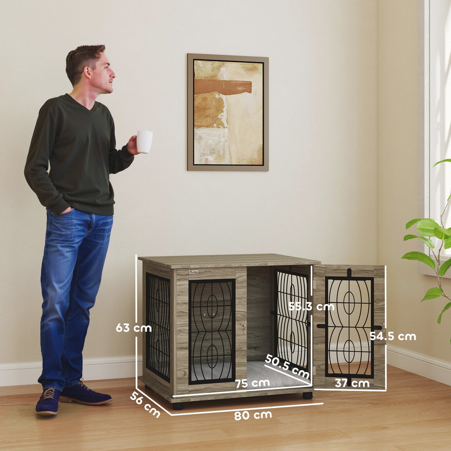 Dog Crate Furniture, Dog Cage with Soft Washable Cushion, Furniture-Style Pet Kennel Indoor House End Side Table for Small Medium Breeds, 80 x 56 x 63 cm, Grey