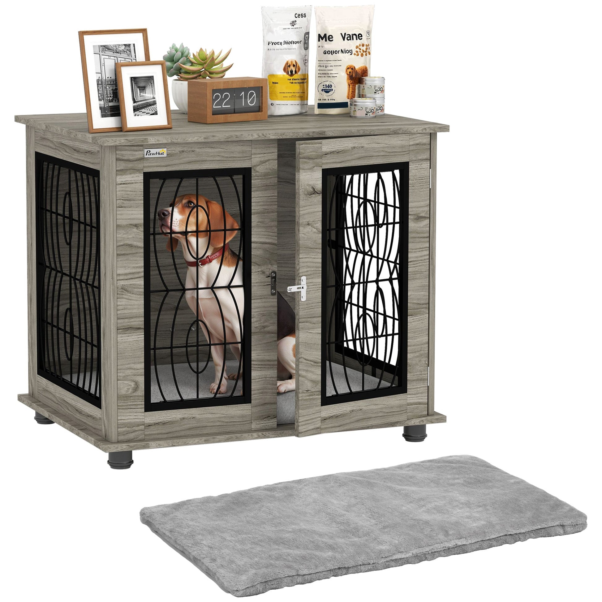 Dog Crate Furniture, Dog Cage with Soft Washable Cushion, Furniture-Style Pet Kennel Indoor House End Side Table for Small Medium Breeds, 80 x 56 x 63 cm, Grey