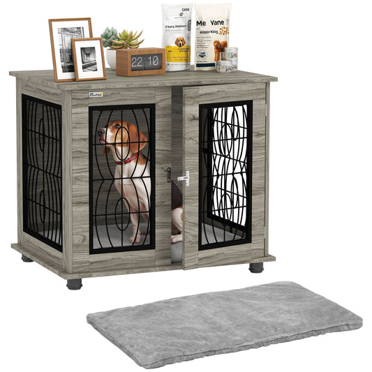 Dog Crate Furniture, Dog Cage with Soft Washable Cushion, Furniture-Style Pet Kennel Indoor House End Side Table for Small Medium Breeds, 80 x 56 x 63 cm, Grey