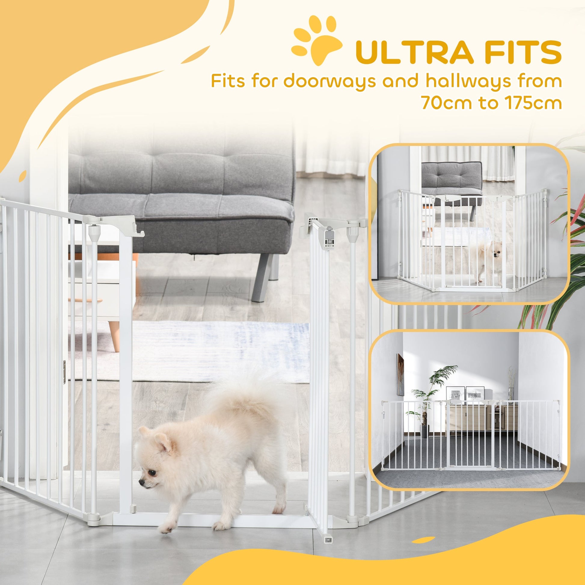 Pet Safety Gate, 3 Panels Playpen Fireplace, Metal Fence, Stair Barrier, Room Divider w/ Walk-Through Door - White