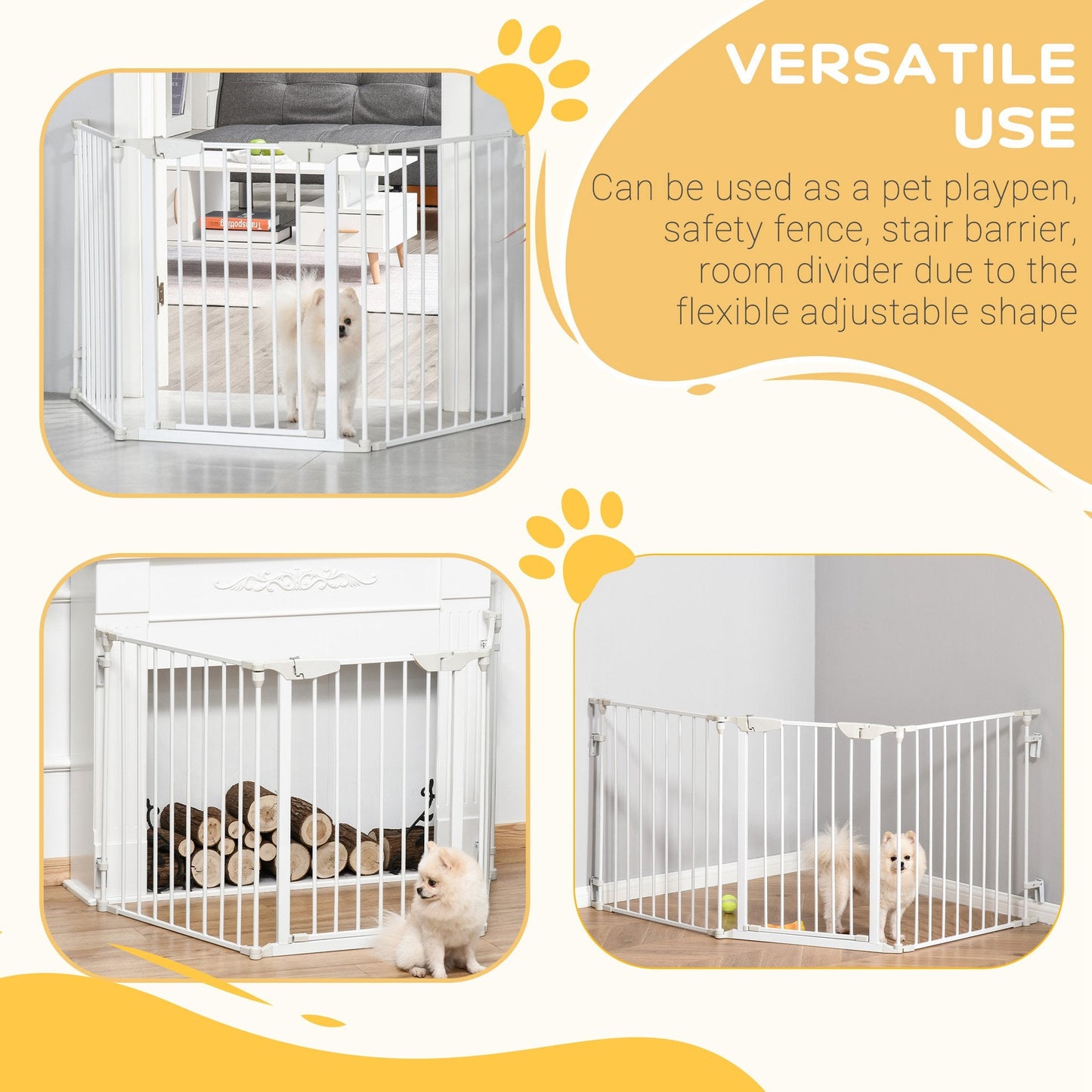 Pet Safety Gate, 3 Panels Playpen Fireplace, Metal Fence, Stair Barrier, Room Divider w/ Walk-Through Door - White