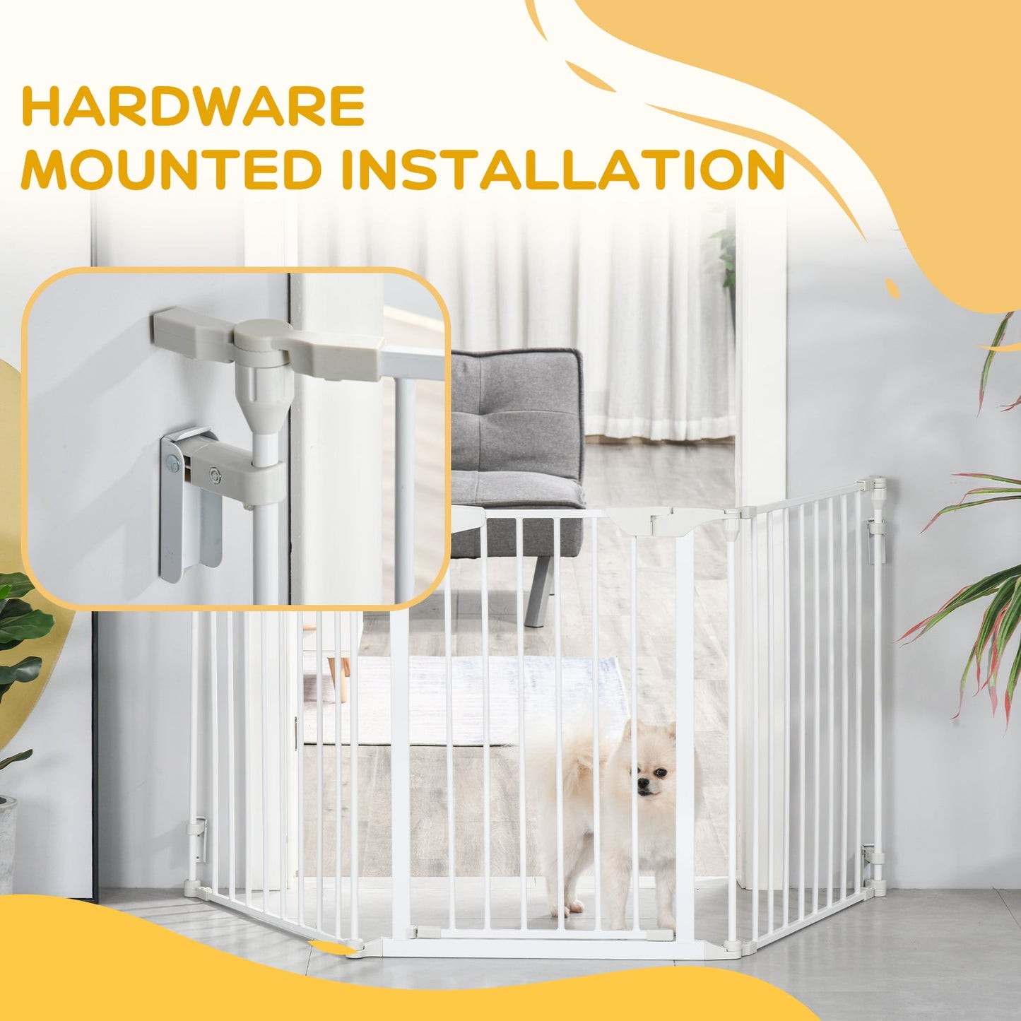 Pet Safety Gate, 3 Panels Playpen Fireplace, Metal Fence, Stair Barrier, Room Divider w/ Walk-Through Door - White