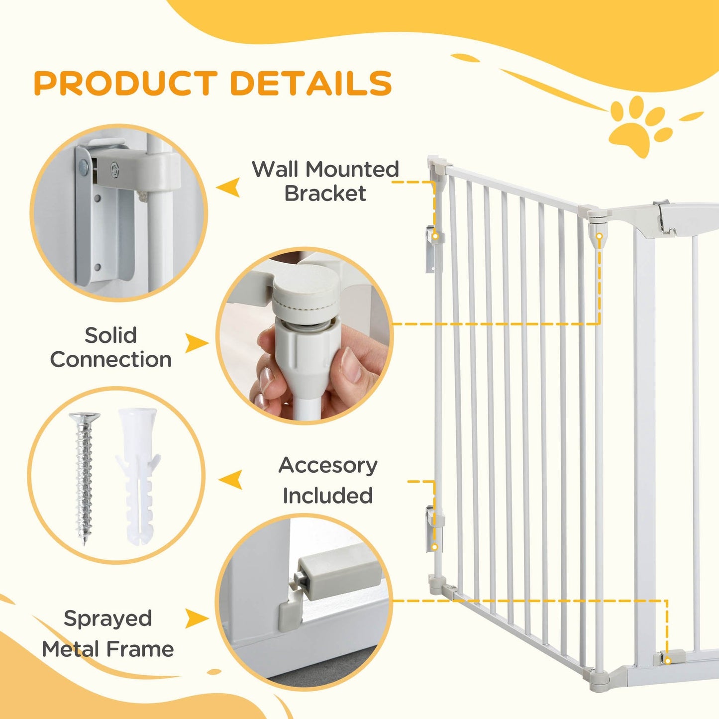 Pet Safety Gate, 3 Panels Playpen Fireplace, Metal Fence, Stair Barrier, Room Divider w/ Walk-Through Door - White