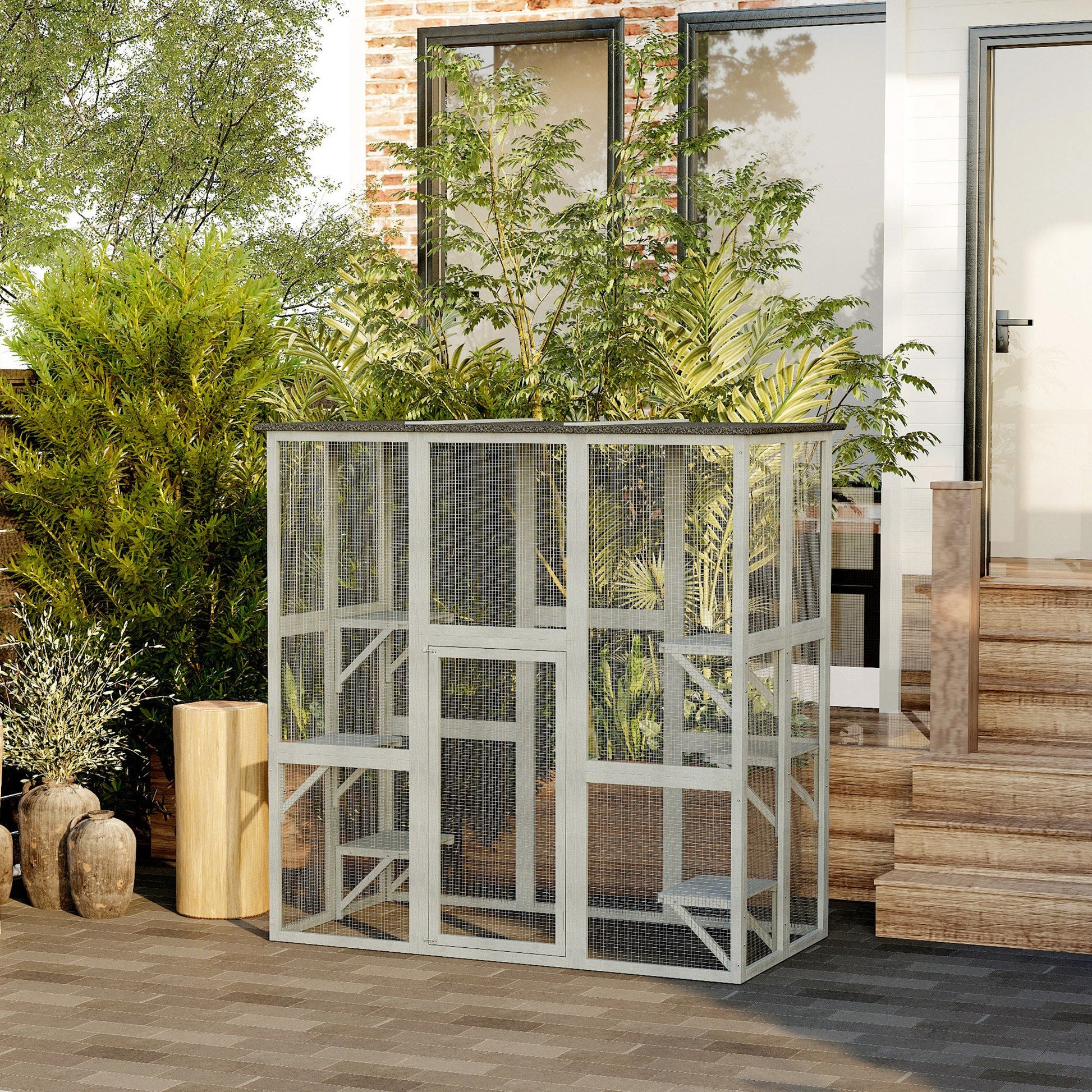 Large Outdoor Cat House, Walk-in Cat Enclosure, Wooden Catio with 6 Jumping Platforms, Waterproof Asphalt Roof