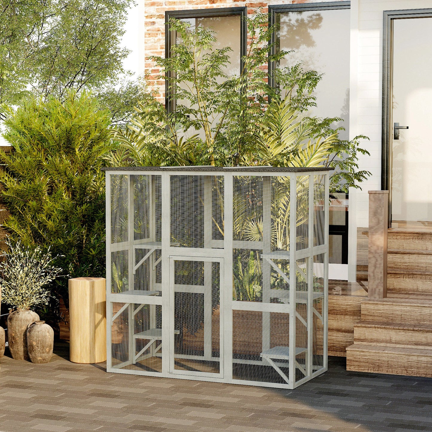 Large Outdoor Cat House, Walk-in Cat Enclosure, Wooden Catio with 6 Jumping Platforms, Waterproof Asphalt Roof