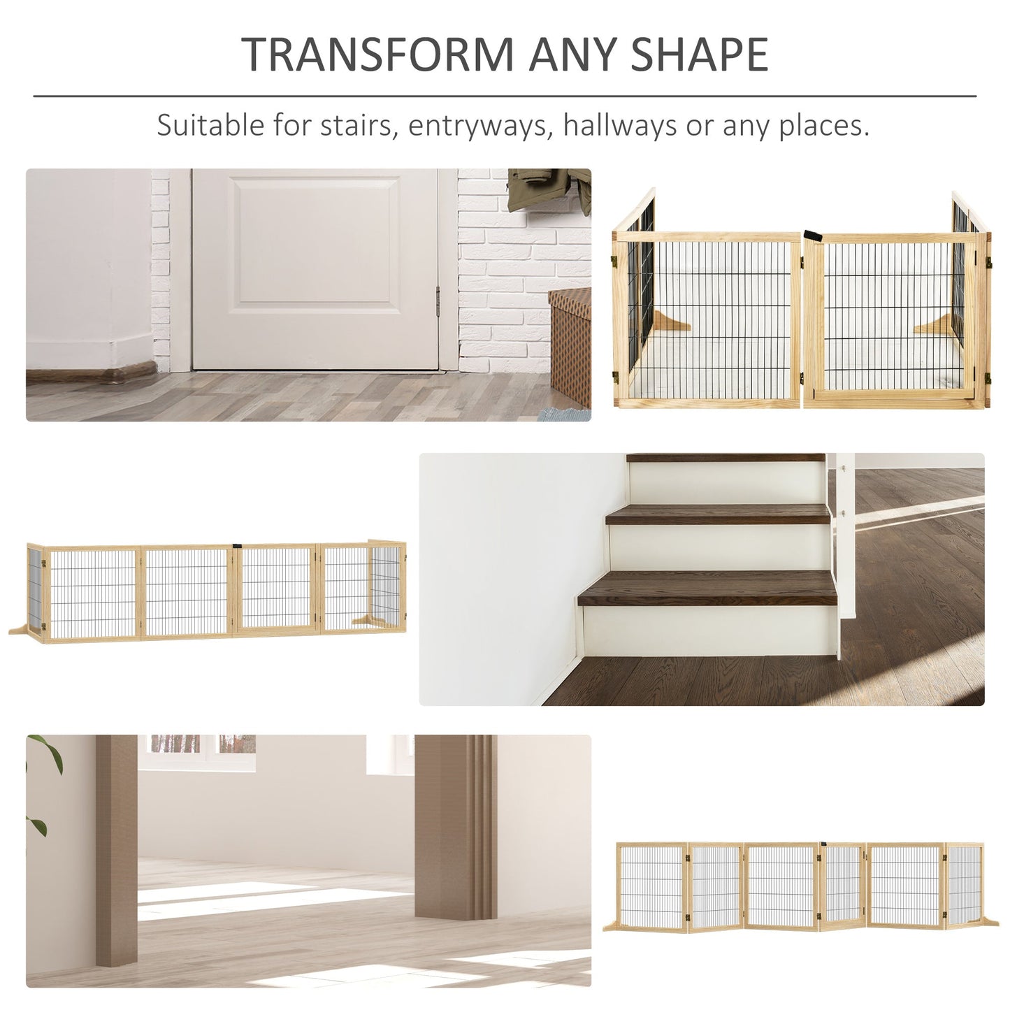 Freestanding Pet Gate, 6 Panel Foldable Playpen, Wooden Dog Gate with 2 Support Feet, for Stairs, Doorway - Natural Tone