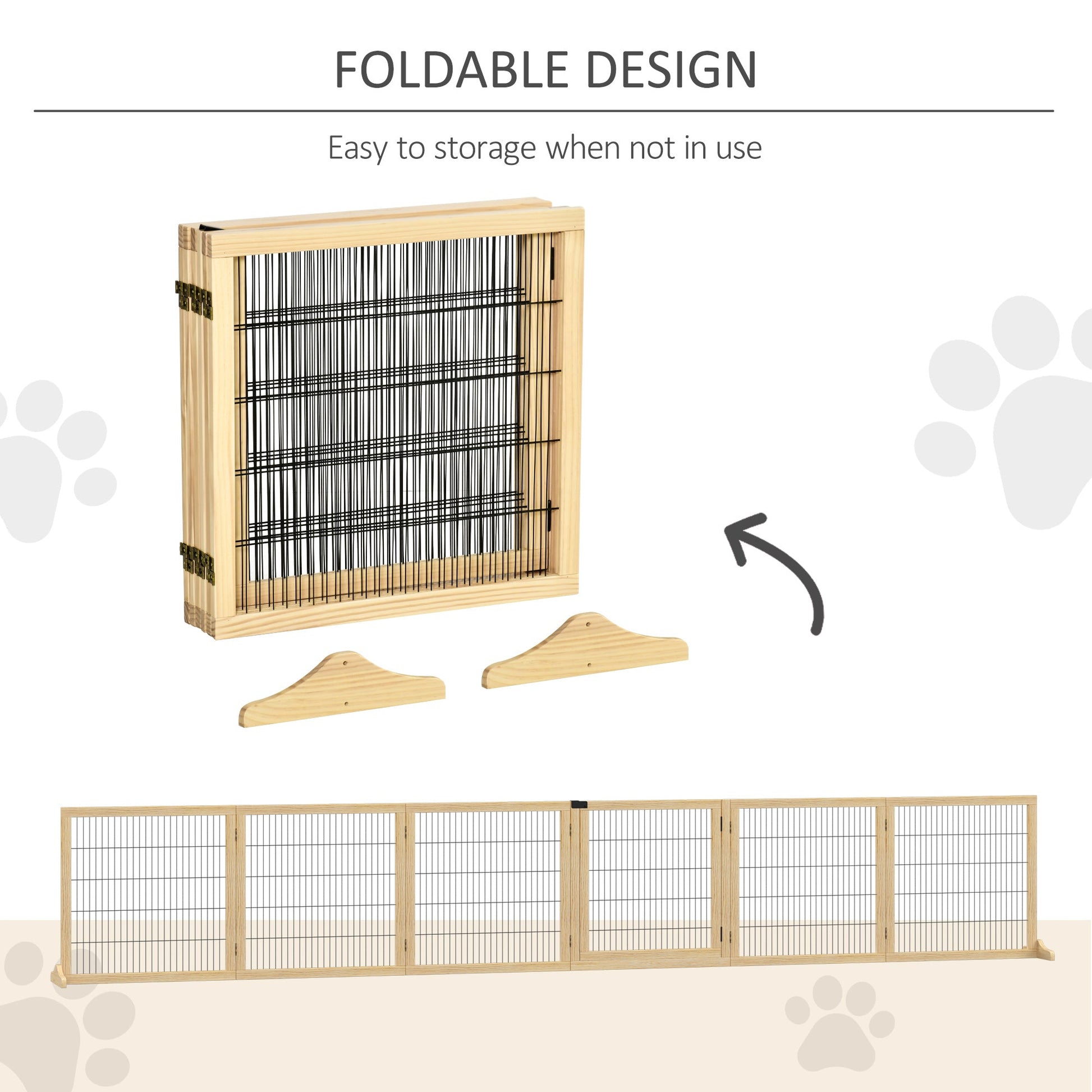 Freestanding Pet Gate, 6 Panel Foldable Playpen, Wooden Dog Gate with 2 Support Feet, for Stairs, Doorway - Natural Tone