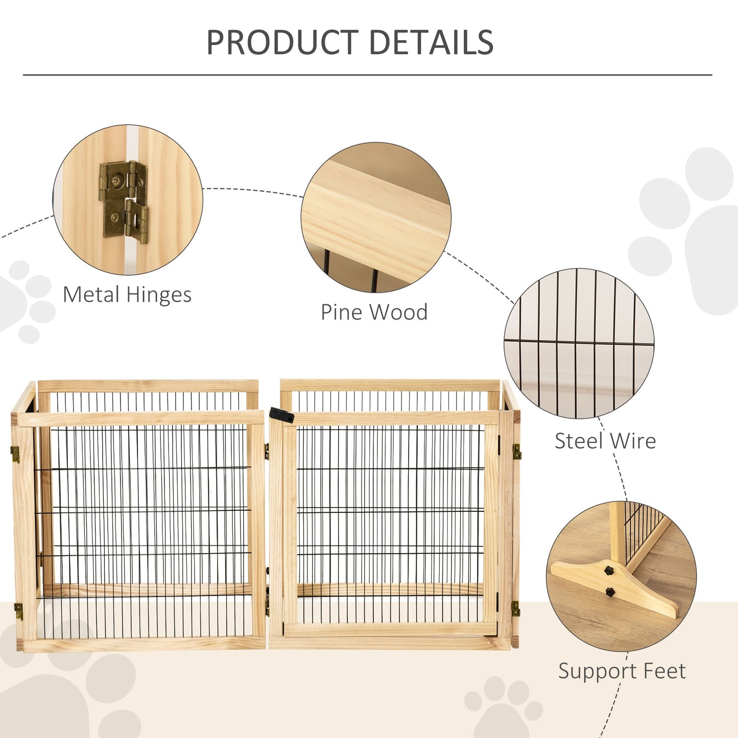 Freestanding Pet Gate, 6 Panel Foldable Playpen, Wooden Dog Gate with 2 Support Feet, for Stairs, Doorway - Natural Tone