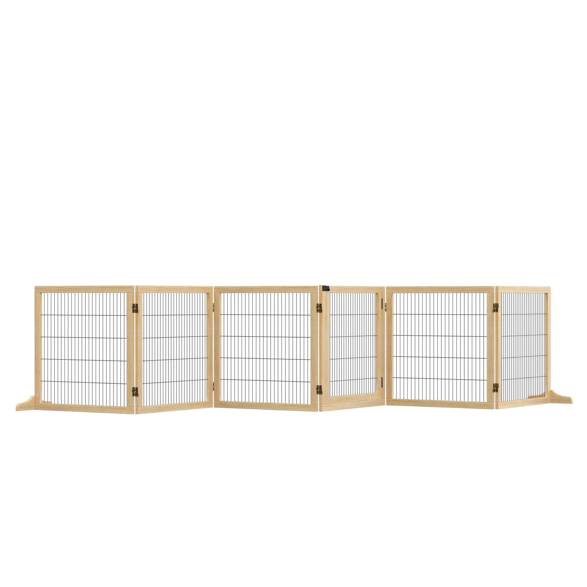 Freestanding Pet Gate, 6 Panel Foldable Playpen, Wooden Dog Gate with 2 Support Feet, for Stairs, Doorway - Natural Tone