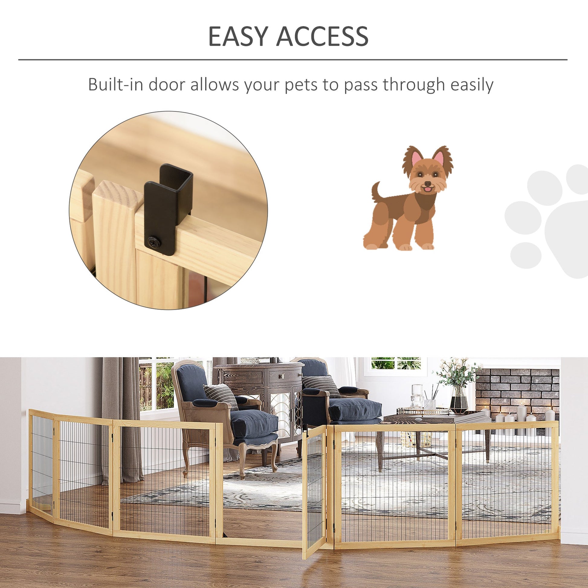 Freestanding Pet Gate, 6 Panel Foldable Playpen, Wooden Dog Gate with 2 Support Feet, for Stairs, Doorway - Natural Tone