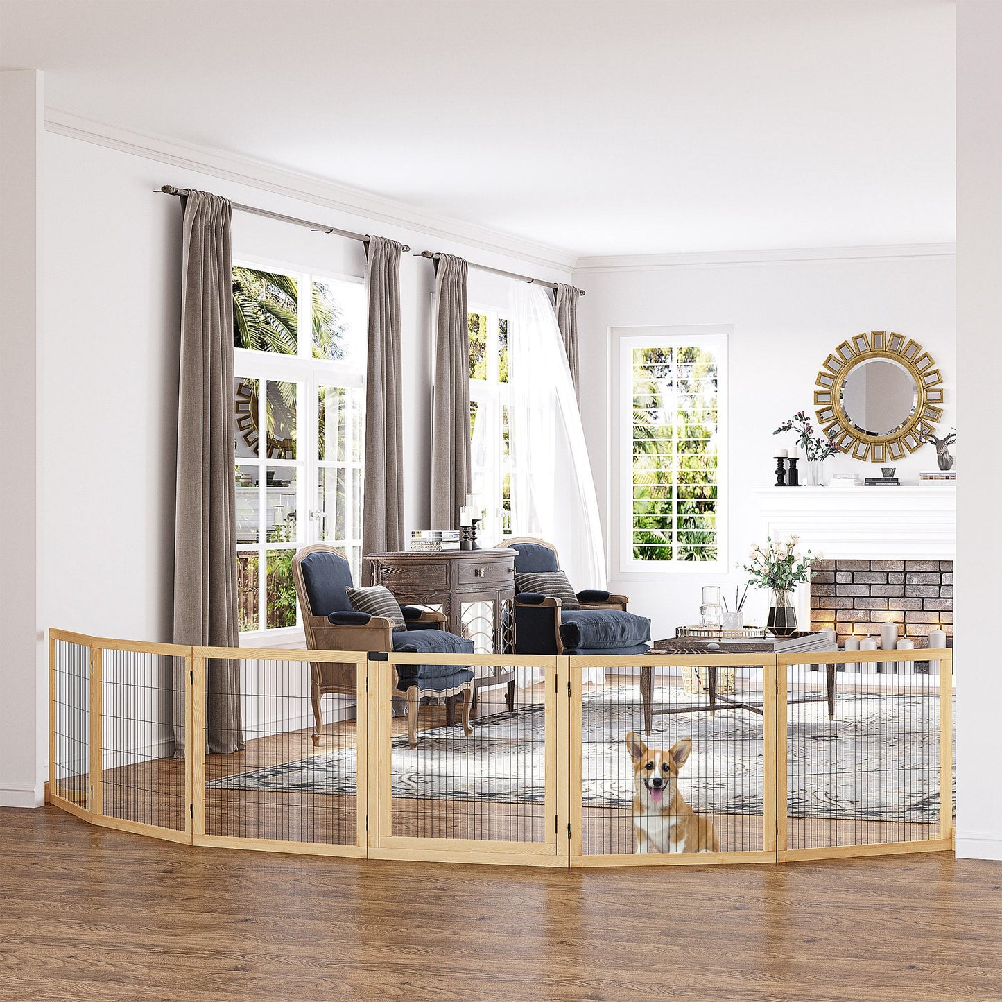 Freestanding Pet Gate, 6 Panel Foldable Playpen, Wooden Dog Gate with 2 Support Feet, for Stairs, Doorway - Natural Tone