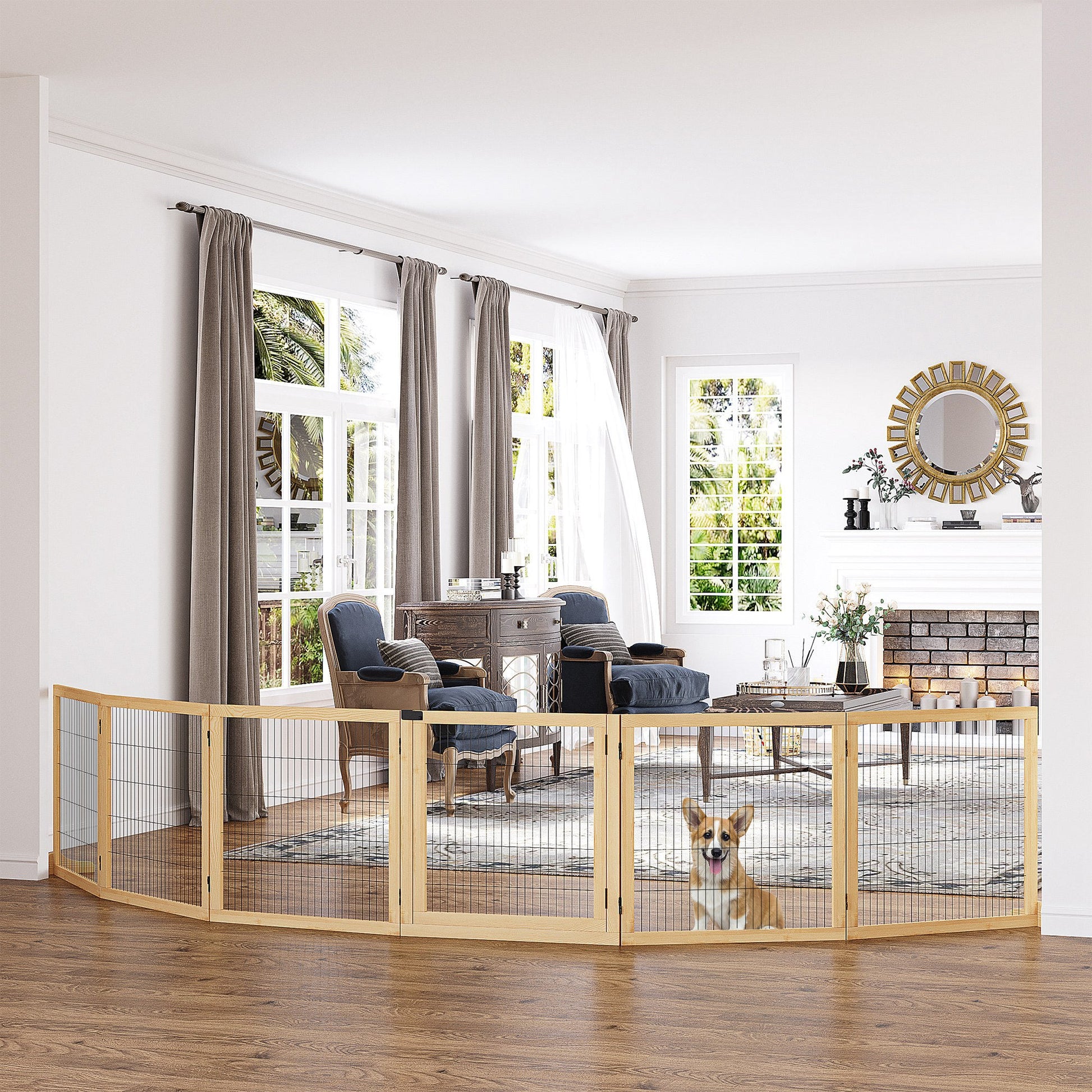 Freestanding Pet Gate, 6 Panel Foldable Playpen, Wooden Dog Gate with 2 Support Feet, for Stairs, Doorway - Natural Tone