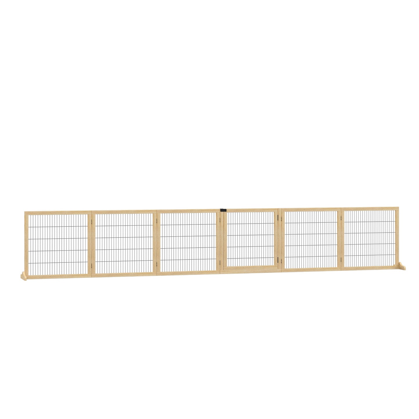 Freestanding Pet Gate, 6 Panel Foldable Playpen, Wooden Dog Gate with 2 Support Feet, for Stairs, Doorway - Natural Tone