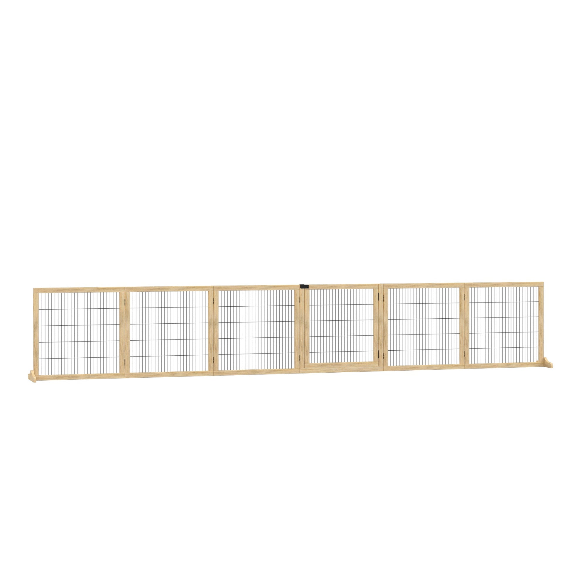 Freestanding Pet Gate, 6 Panel Foldable Playpen, Wooden Dog Gate with 2 Support Feet, for Stairs, Doorway - Natural Tone