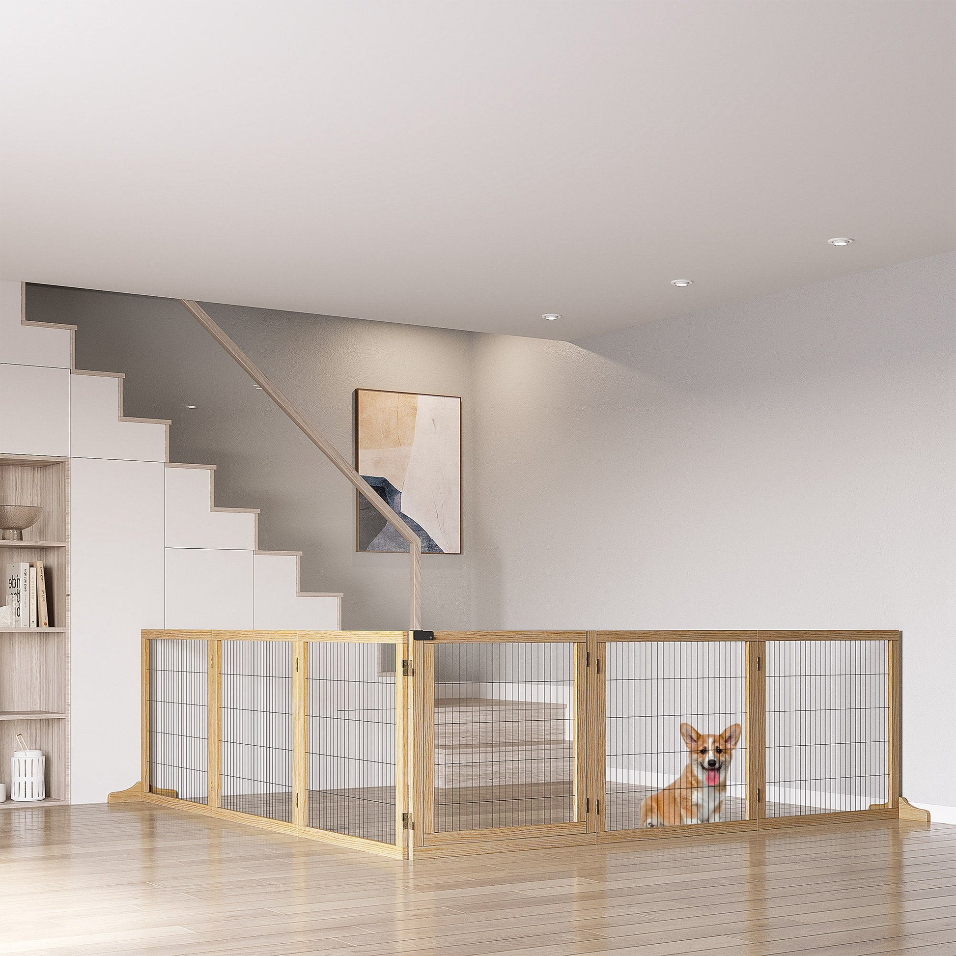 Freestanding Pet Gate, 6 Panel Foldable Playpen, Wooden Dog Gate with 2 Support Feet, for Stairs, Doorway - Natural Tone