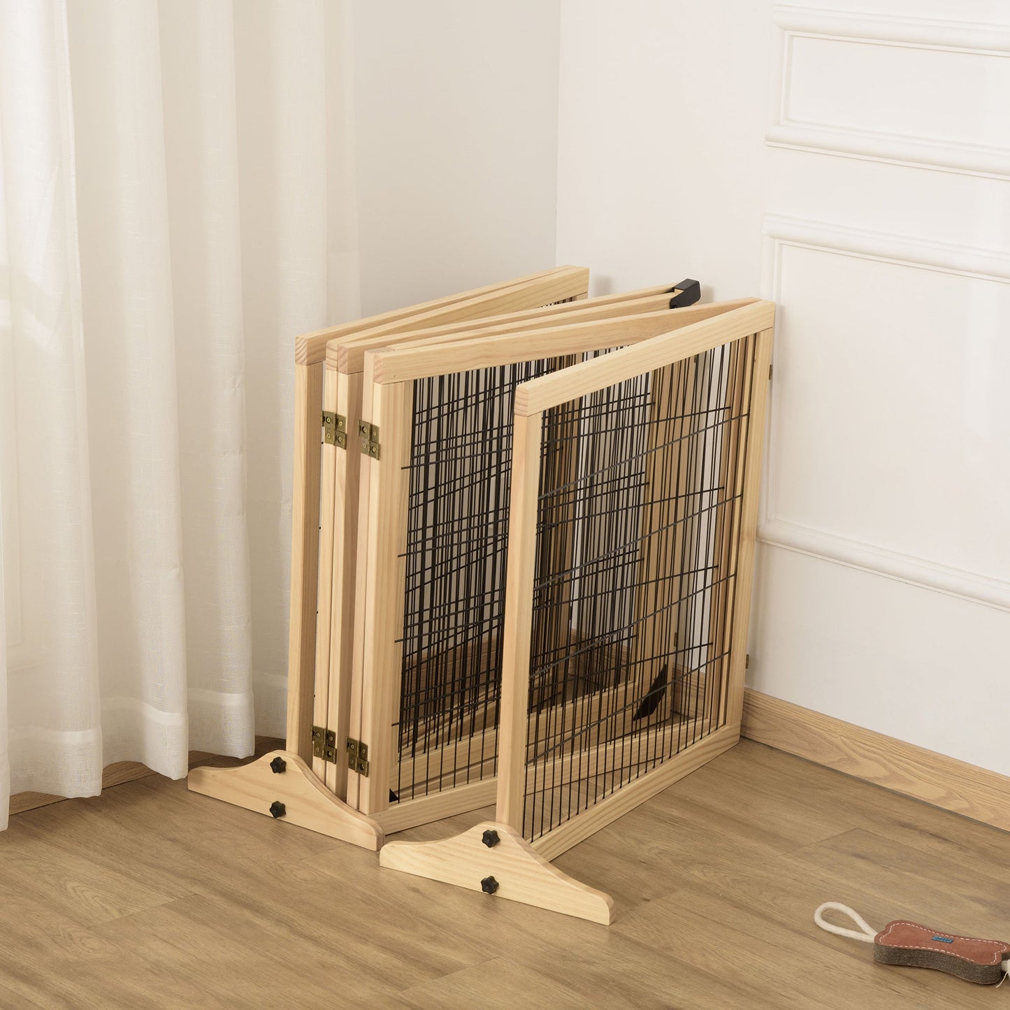 Freestanding Pet Gate, 6 Panel Foldable Playpen, Wooden Dog Gate with 2 Support Feet, for Stairs, Doorway - Natural Tone