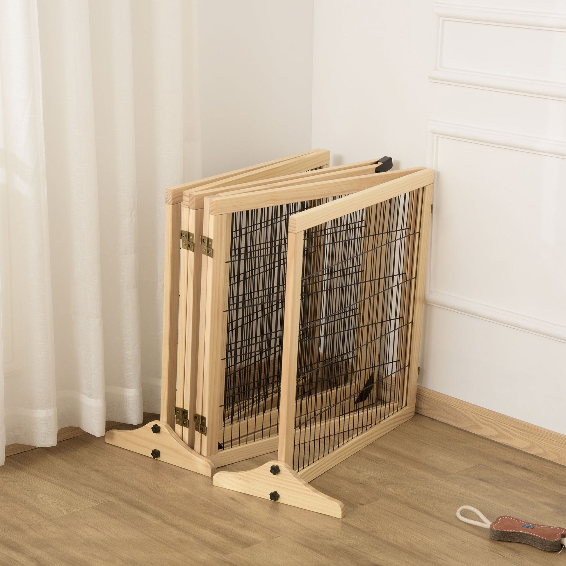 Freestanding Pet Gate, 6 Panel Foldable Playpen, Wooden Dog Gate with 2 Support Feet, for Stairs, Doorway - Natural Tone