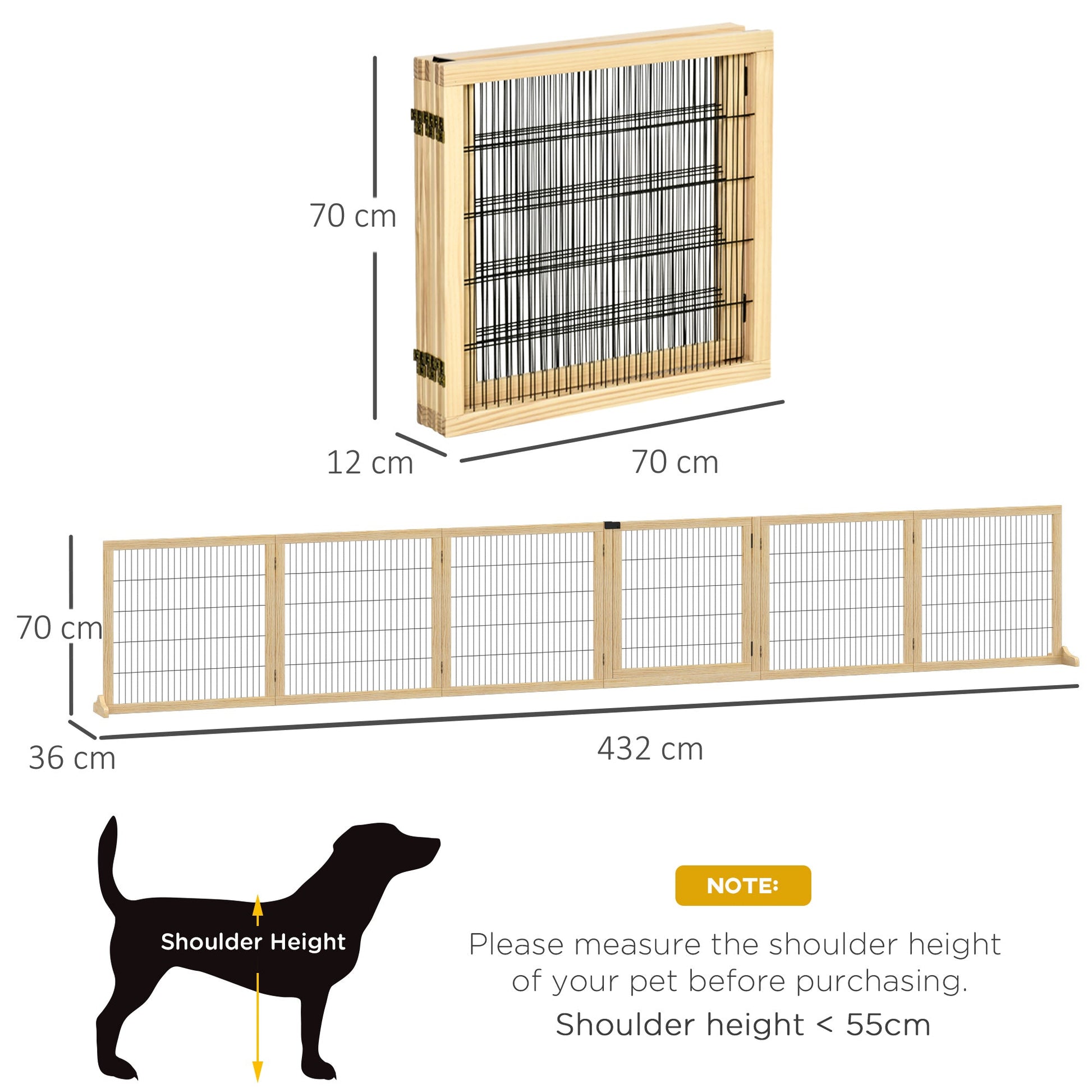 Freestanding Pet Gate, 6 Panel Foldable Playpen, Wooden Dog Gate with 2 Support Feet, for Stairs, Doorway - Natural Tone
