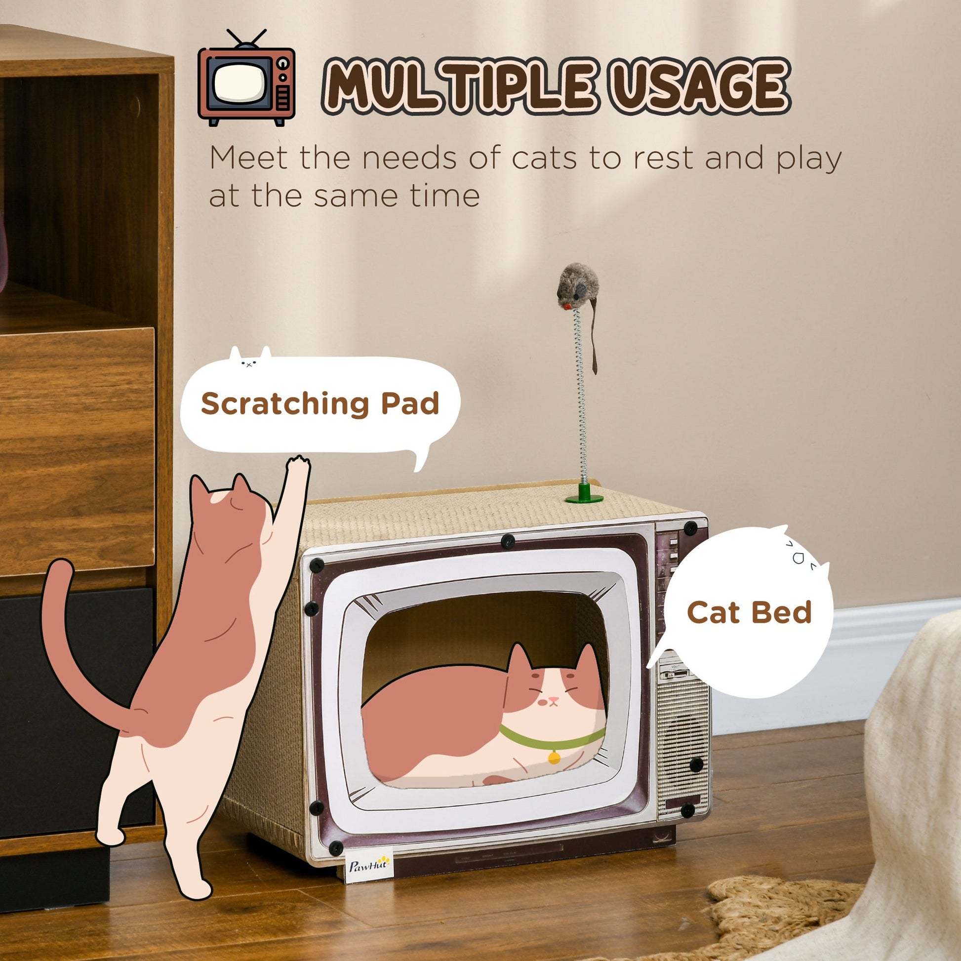 Cardboard Cat House with Scratcher, Catnip, TV-Shaped Cat Play House with Toy Mouse for Indoor Cats