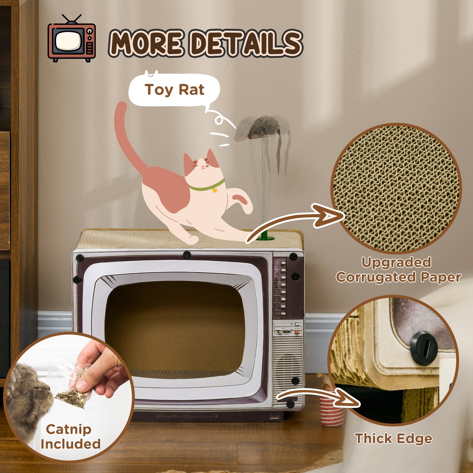 Cardboard Cat House with Scratcher, Catnip, TV-Shaped Cat Play House with Toy Mouse for Indoor Cats