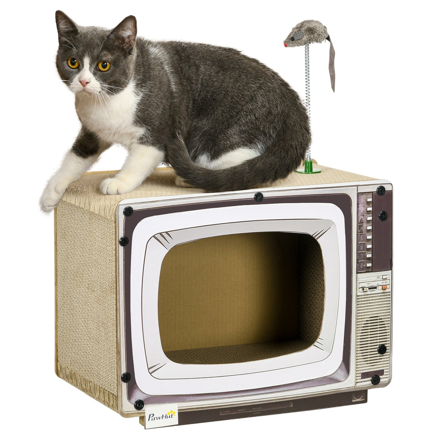 Cardboard Cat House with Scratcher, Catnip, TV-Shaped Cat Play House with Toy Mouse for Indoor Cats