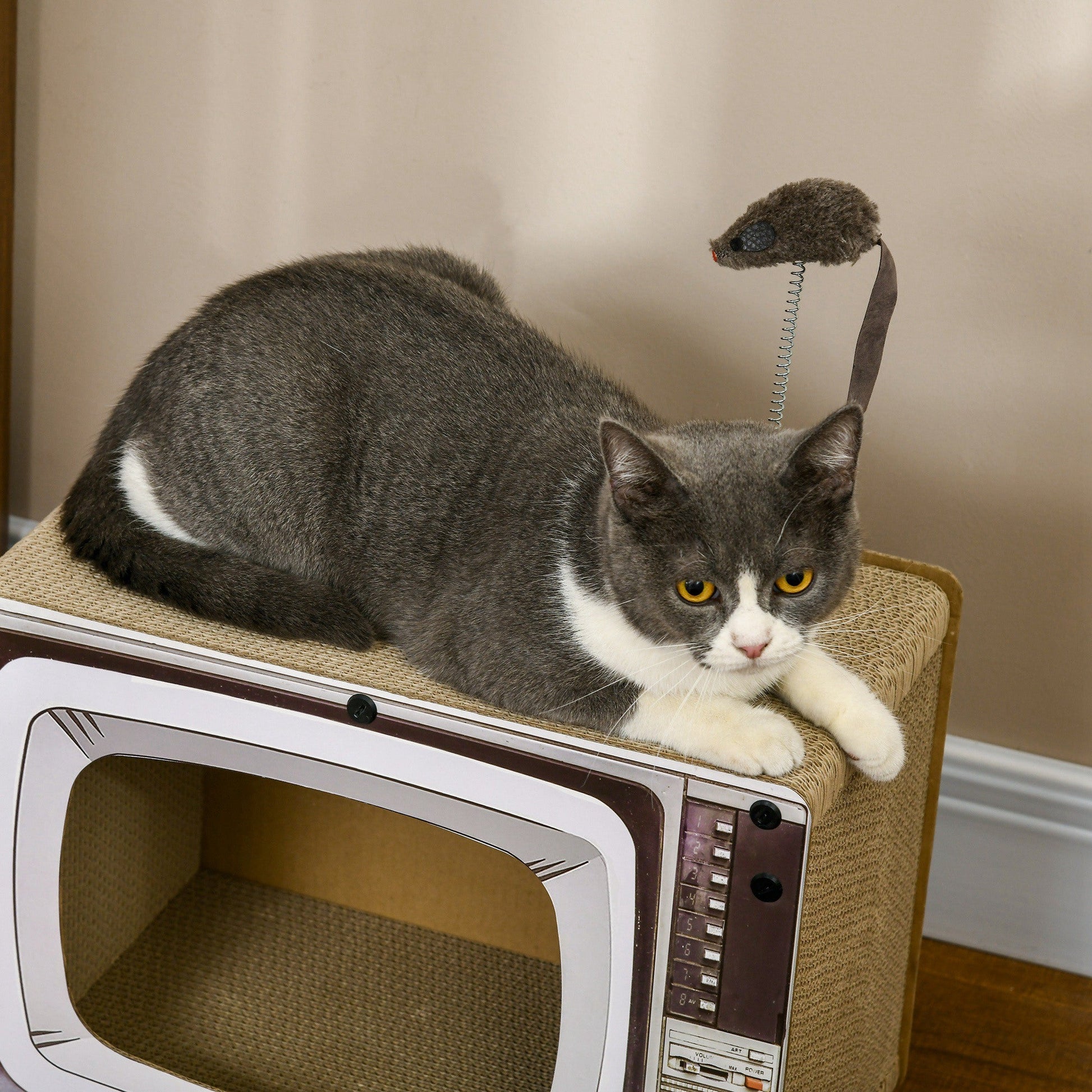 Cardboard Cat House with Scratcher, Catnip, TV-Shaped Cat Play House with Toy Mouse for Indoor Cats