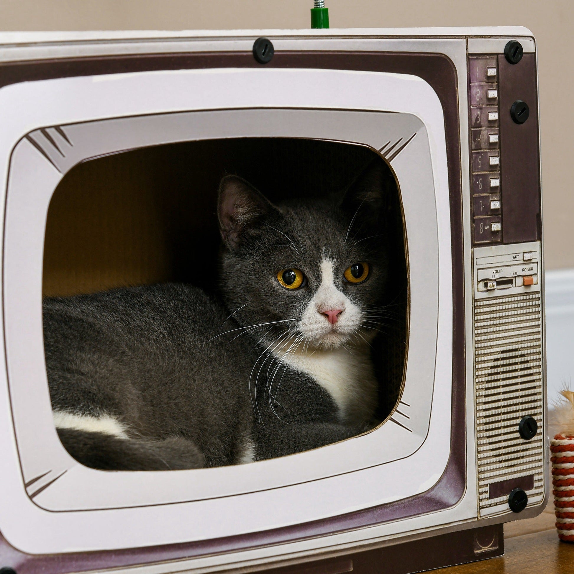 Cardboard Cat House with Scratcher, Catnip, TV-Shaped Cat Play House with Toy Mouse for Indoor Cats