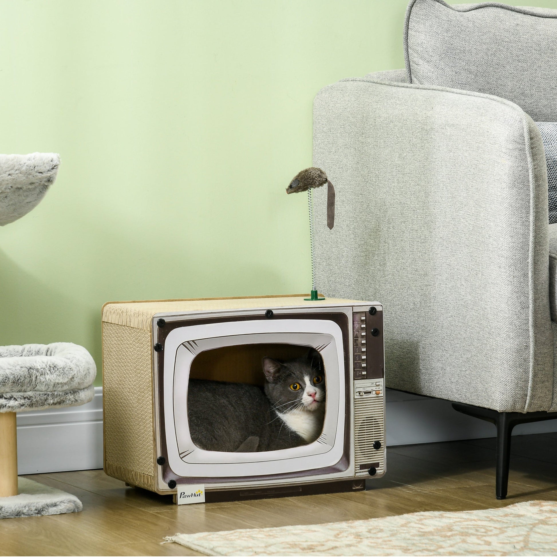 Cardboard Cat House with Scratcher, Catnip, TV-Shaped Cat Play House with Toy Mouse for Indoor Cats