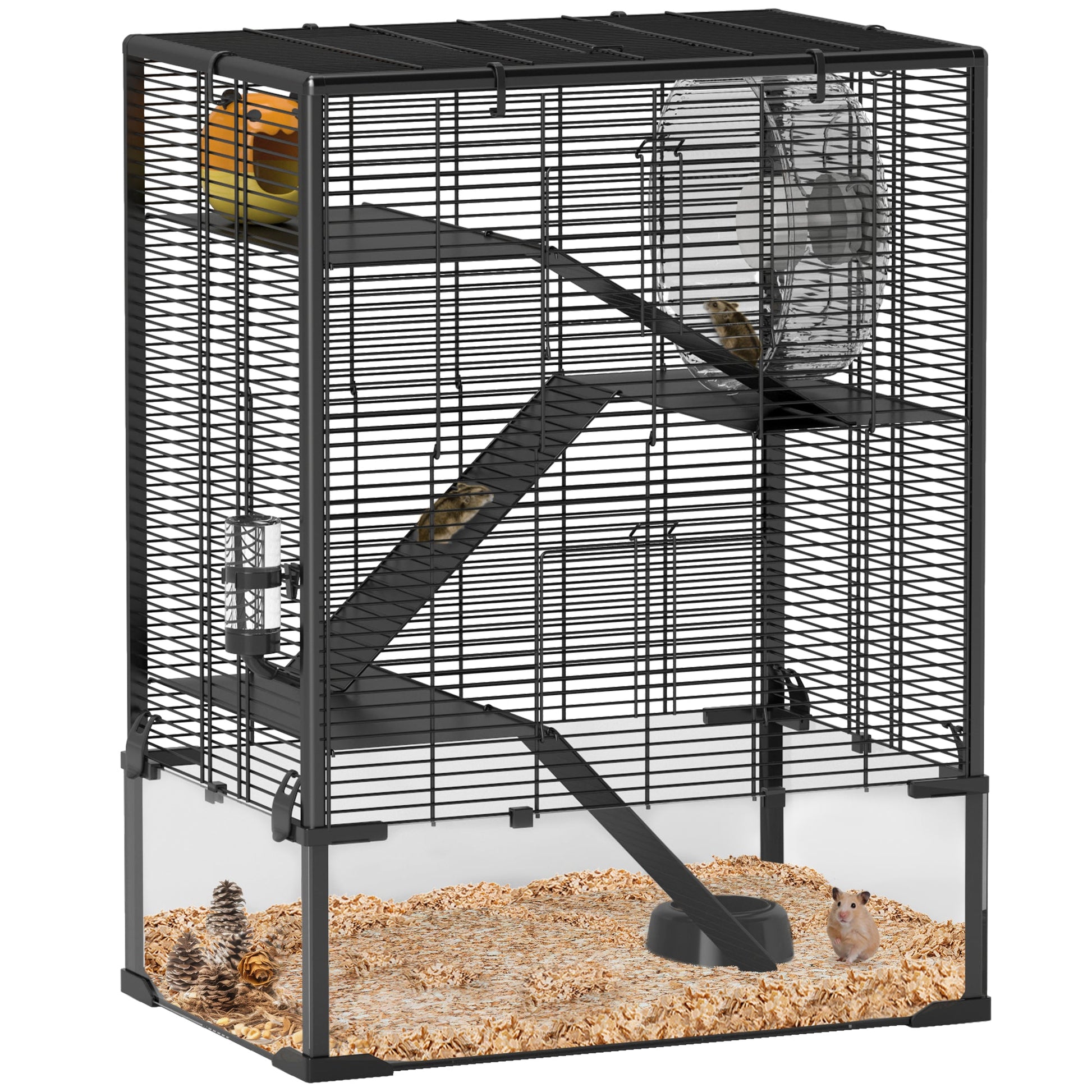 Hamster Cage with Deep Tempered Glass Bottom, 4 Tier Large Hamster Tank with Hut, Running Wheel, Platforms, Ramps, Food Dish, Water Bottle, for Syrian, Dwarf, Rats, Gerbils, 60 x 40 x 80cm