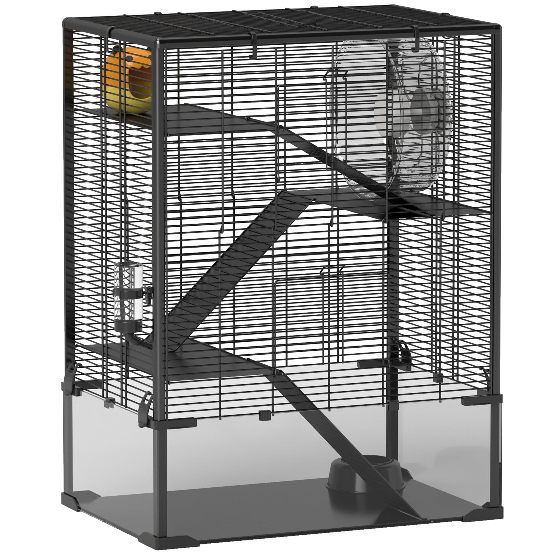 Hamster Cage with Deep Tempered Glass Bottom, 4 Tier Large Hamster Tank with Hut, Running Wheel, Platforms, Ramps, Food Dish, Water Bottle, for Syrian, Dwarf, Rats, Gerbils, 60 x 40 x 80cm