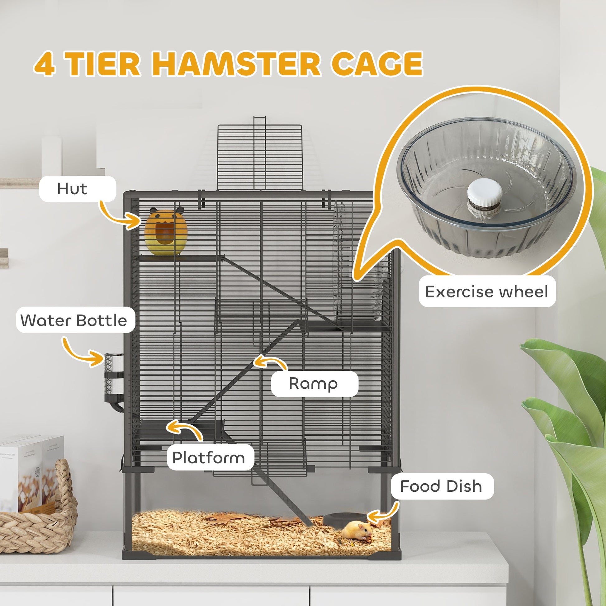 Hamster Cage with Deep Tempered Glass Bottom, 4 Tier Large Hamster Tank with Hut, Running Wheel, Platforms, Ramps, Food Dish, Water Bottle, for Syrian, Dwarf, Rats, Gerbils, 60 x 40 x 80cm