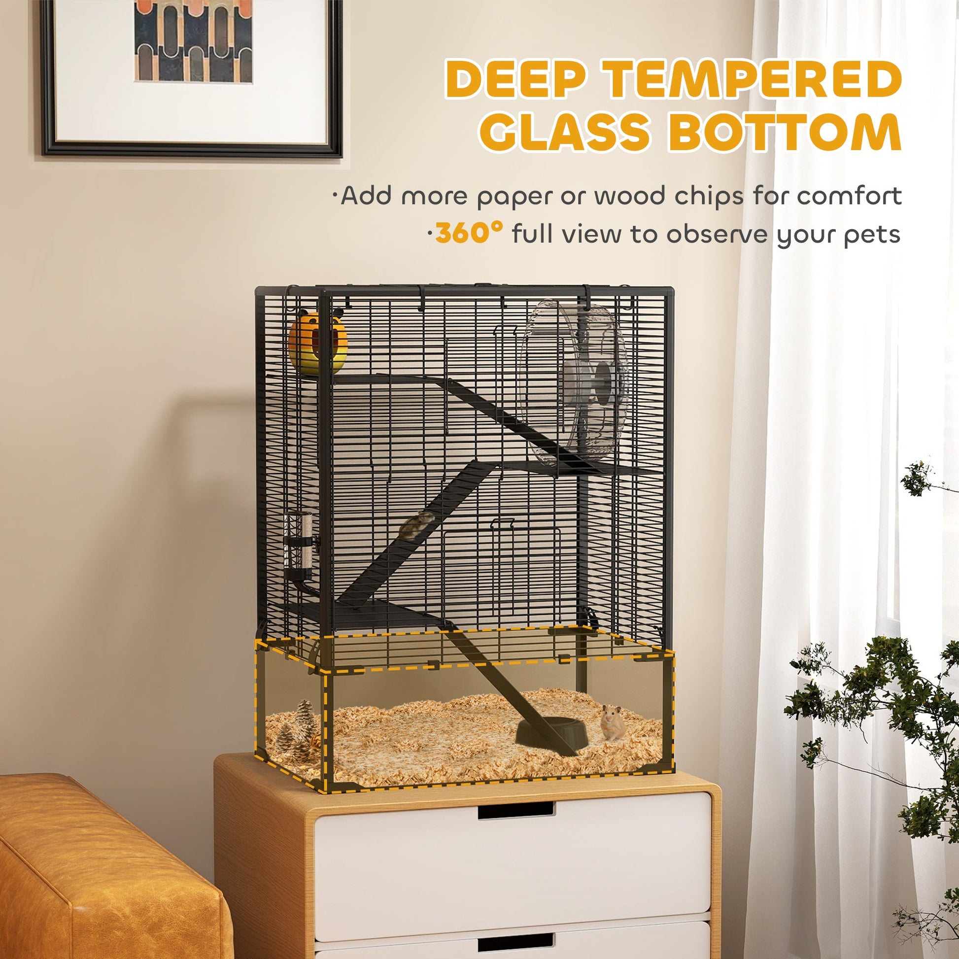 Hamster Cage with Deep Tempered Glass Bottom, 4 Tier Large Hamster Tank with Hut, Running Wheel, Platforms, Ramps, Food Dish, Water Bottle, for Syrian, Dwarf, Rats, Gerbils, 60 x 40 x 80cm