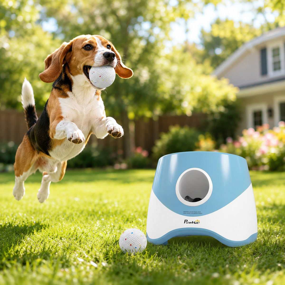 Automatic Dog Ball Launcher with 5 ETPU Balls, Dog Ball Thrower with 3 Distance Settings (6/10/14 m), Indoor Outdoor Interactive Toy for Small Medium Dogs, Blue