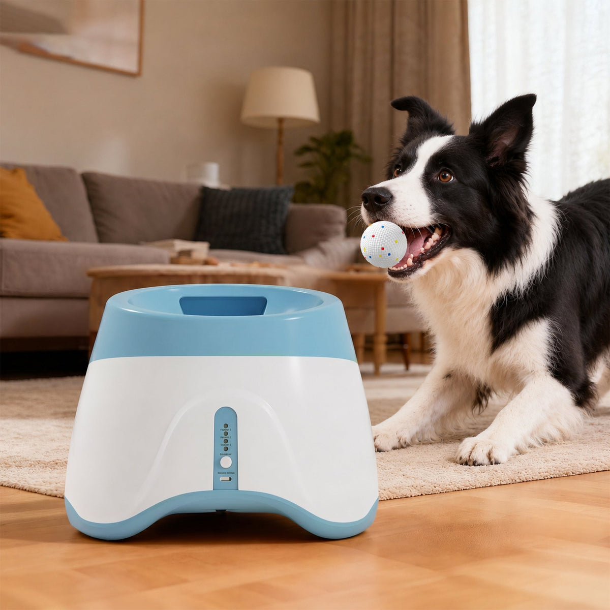 Automatic Dog Ball Launcher with 5 ETPU Balls, Dog Ball Thrower with 3 Distance Settings (6/10/14 m), Indoor Outdoor Interactive Toy for Small Medium Dogs, Blue
