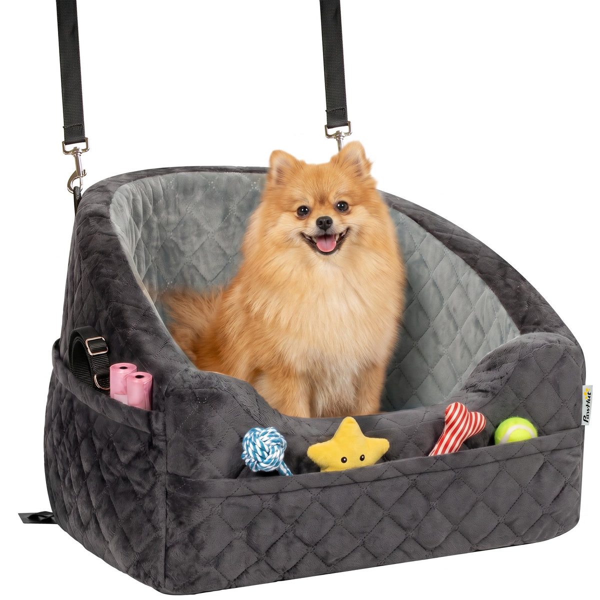 Dog Car Seat for Small Breeds Under 10kg, Dog Booster Seat Detachable Washable with Seat Belt, Thick Cushion, Portable Pet Travel Bed with Storage Pockets, Grey