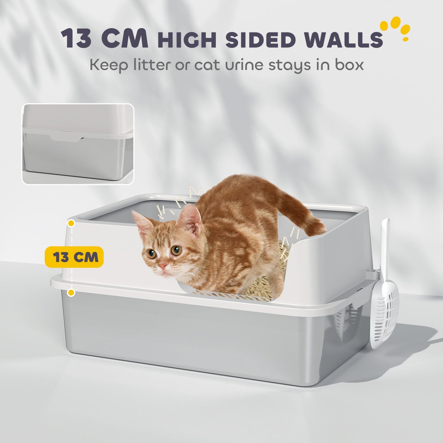 Stainless Steel Litter Box, High Sided Metal Cat Litter Tray with Detachable Rim, Scoop, Easy Cleaning, Odour-Resistant, 60 x 40 x 28 cm