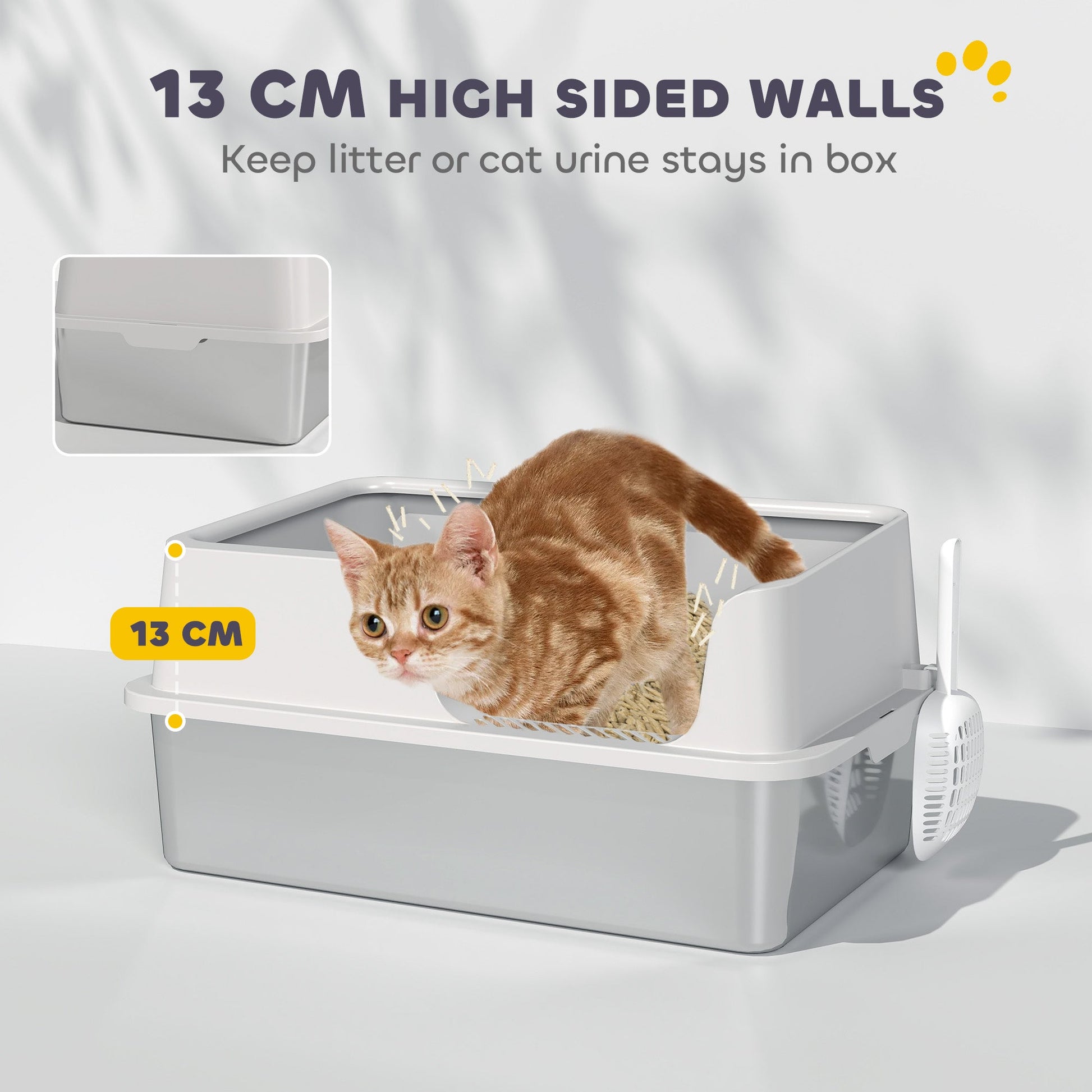 Stainless Steel Litter Box, High Sided Metal Cat Litter Tray with Detachable Rim, Scoop, Easy Cleaning, Odour-Resistant, 60 x 40 x 28 cm